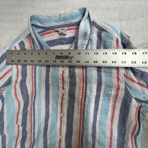 L.L.Bean Womens Striped Long-Sleeve Linen Button-Down Shirt Large Light Blue/Red - Picture 6 of 8
